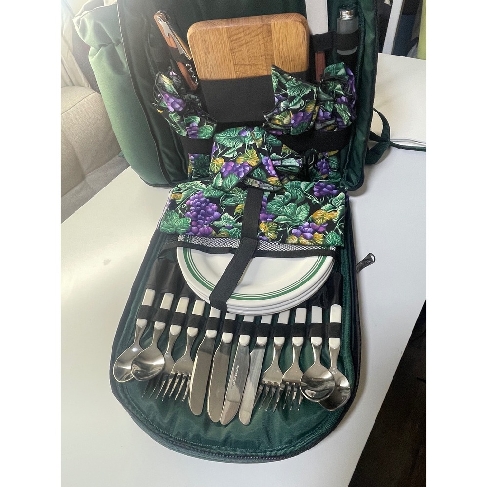 Picnic Time Green Backpack Picnic Set Service For 4 Cutting Board Wine Opener - Picture 5 of 11